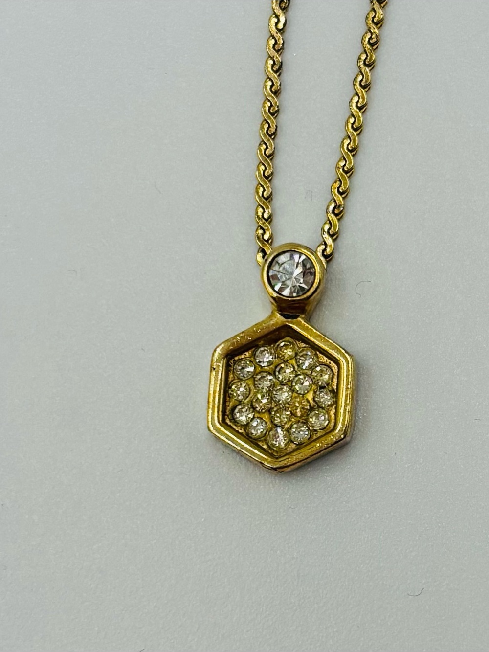 Dior Gold Hexagon Crystal Pendant Necklace with Clear Accents—costume